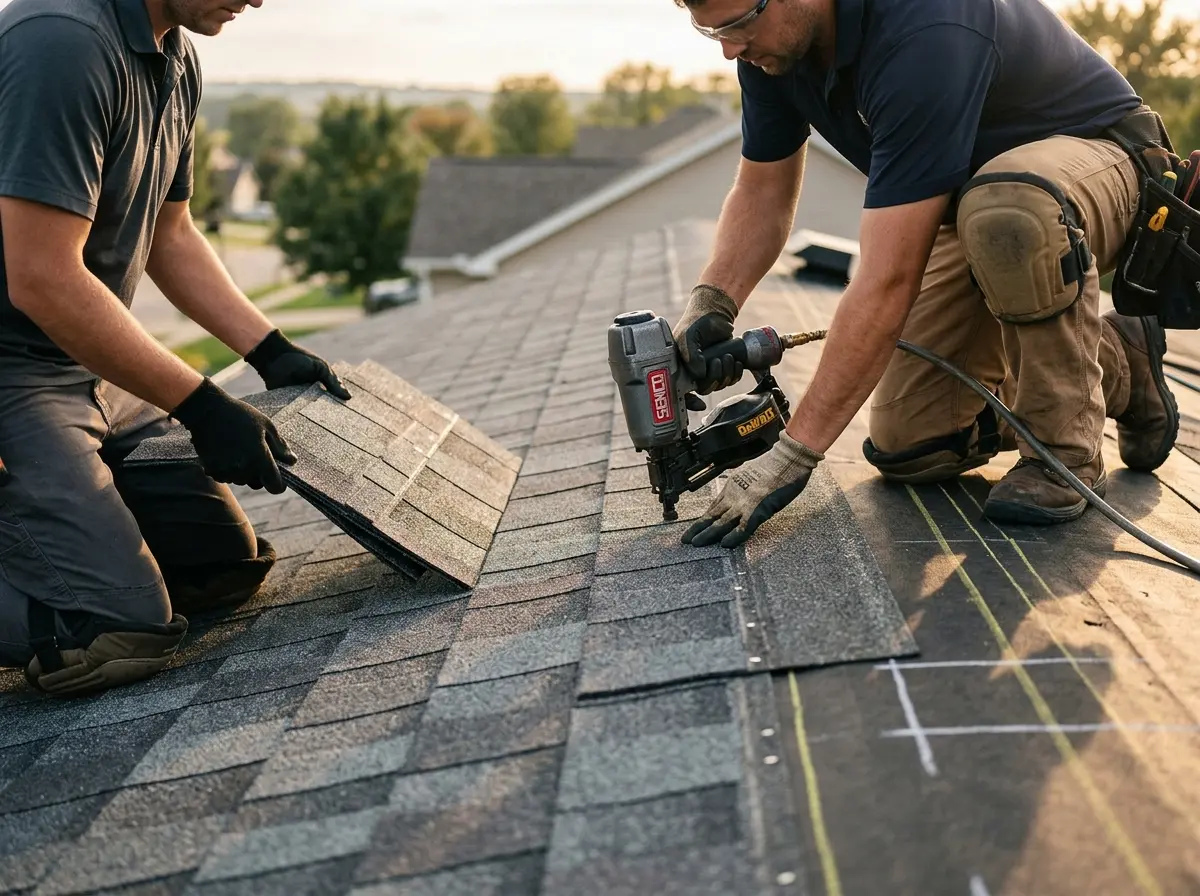 Professional roofer working on a residential roof in North Syracuse